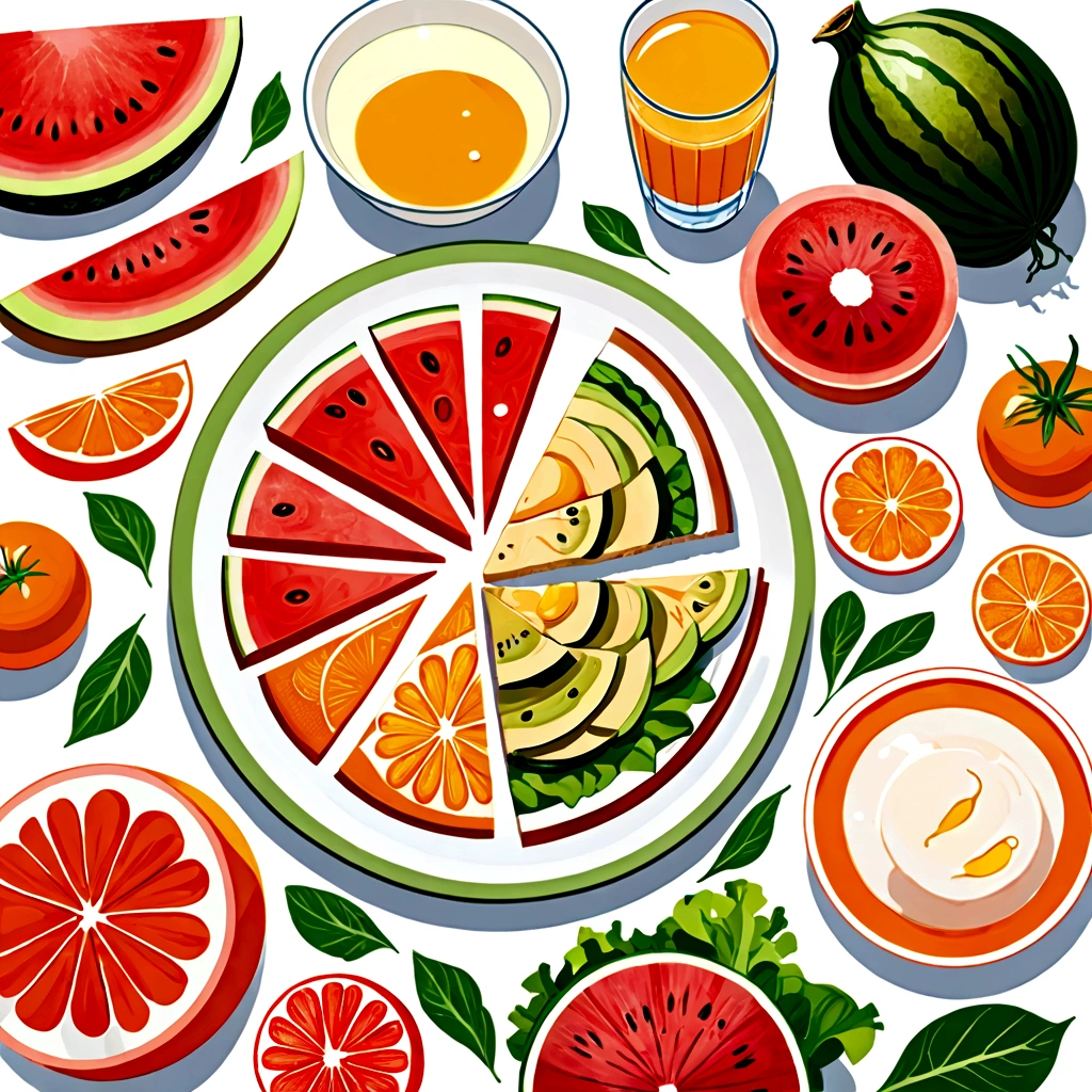 ((masterpiece)), ((best quality)), Healthy food illustration. gouache watercolor style, vibrant color, there are various fresh food in composition, juice, infused water, milk, orang juice, tomato juice, a toasted egg, oath, wheat, triangle cheese, melon, apples, avocadoes, orange, onion, potatoes, bread, glass of mineral water, fresh meat, chicken meat, melon, watermelon, paprika, orange, lettuce and many other, 8k, vibrant color, against brilliant white background, isolated in white