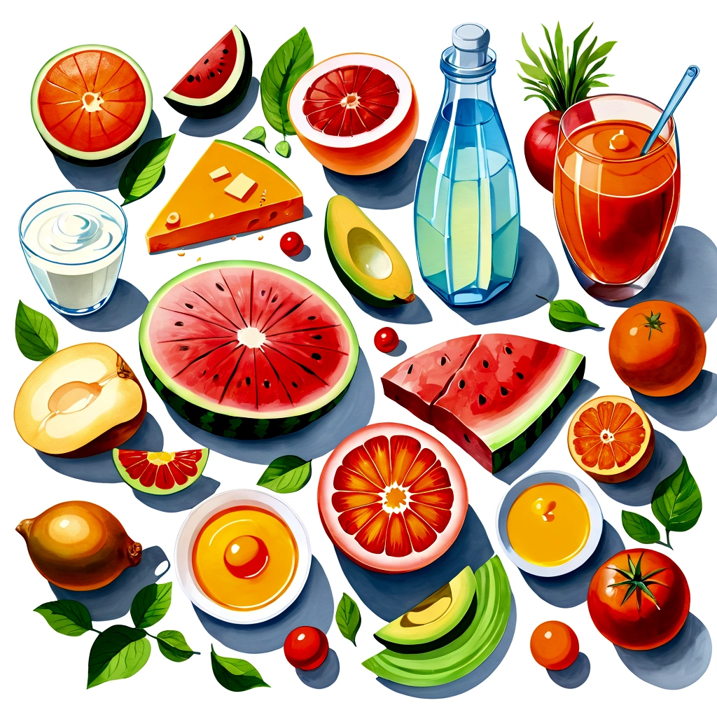 ((masterpiece)), ((best quality)), Healthy food illustration. gouache watercolor style, vibrant color, there are various fresh food in composition, juice, infused water, milk, orang juice, tomato juice, a toasted egg, oath, wheat, triangle cheese, melon, apples, avocadoes, orange, onion, potatoes, bread, glass of mineral water, fresh meat, chicken meat, melon, watermelon, paprika, orange, lettuce and many other, 8k, vibrant color, against brilliant white background, isolated in white