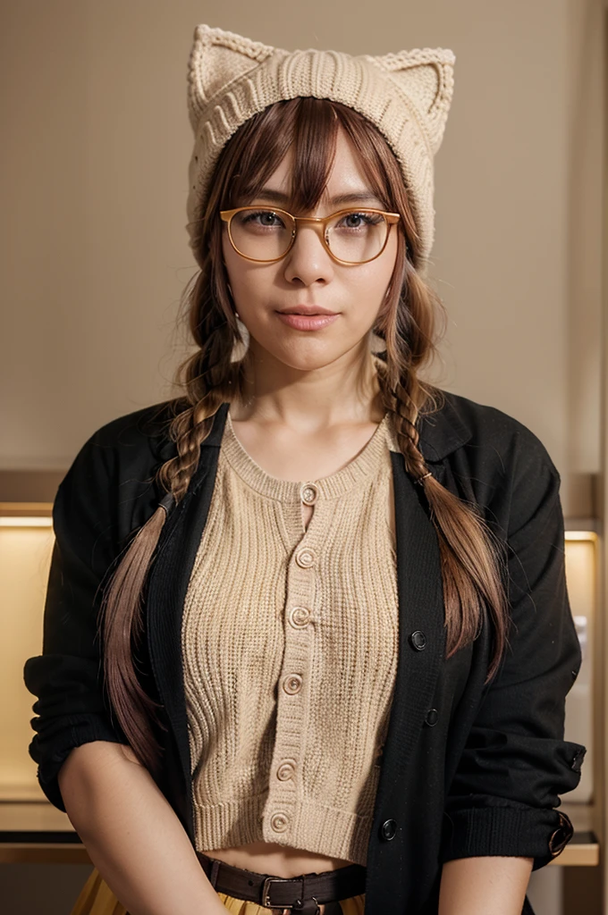 Ash colored hair in two braids and bangs, wearing a brownish yellow shirt, wearing a red tie, wearing a black jacket, wearing a brown skirt, wearing a bone clip on the bangs, holding a soft pink bouquet, wearing a white knitted cat hat with stars and glasses, have a funny face