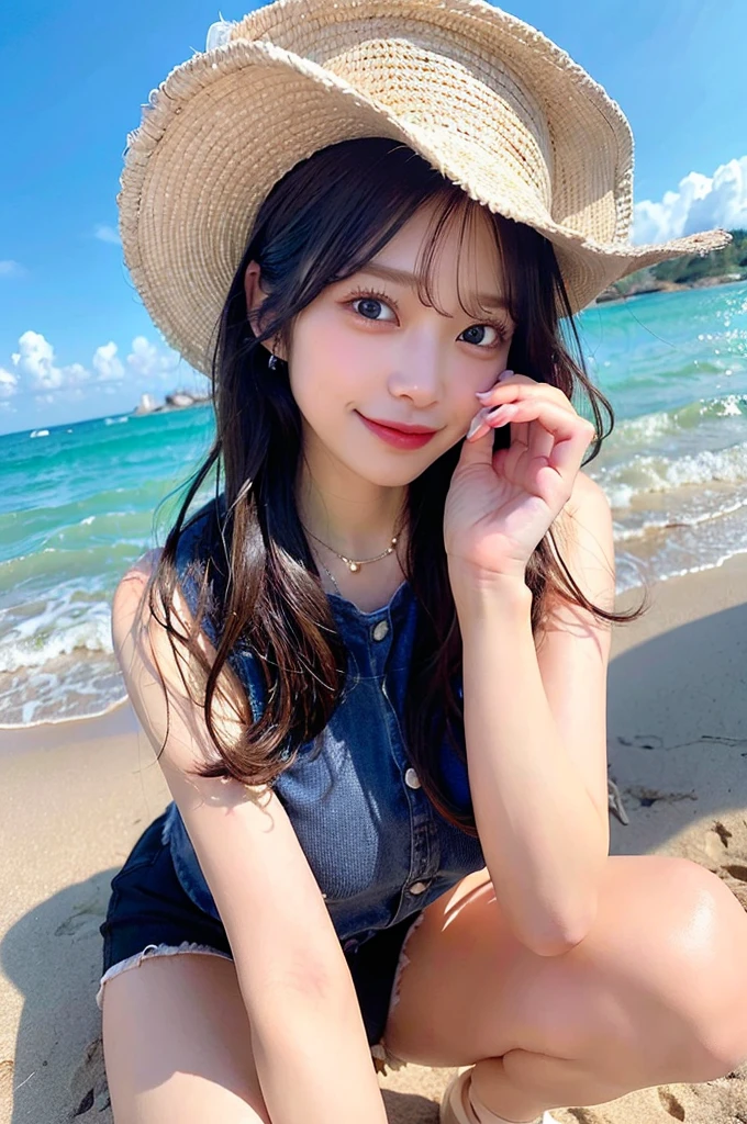 (top-quality、8K、32k、masuter piece、nffsw:1.2)、profile、(slim figure:1.2)、(s lips) 、age19、Incredibly ridiculous、(kawaii pose:1.3)、double peace、double eyelid、shinny skin、Realistic rayare、beauitful face、(A smile:1.3)、crouching down、(From  above:1.2)、(a closeup:1.4)、blurry backround、(Front Focus)、(dark: 1.6)、Fantasy Art、photoRealstic、Professional Lighting、extra detailed face、Award-winning、deep-shadows	コーディネート: Light blue denim shorts、White Linen Shirt、White sneakers。Add a wide brim hat and sunglasses。
	•hairdo: loose beach waves。
	• background: A sandy beach with gentle waves。