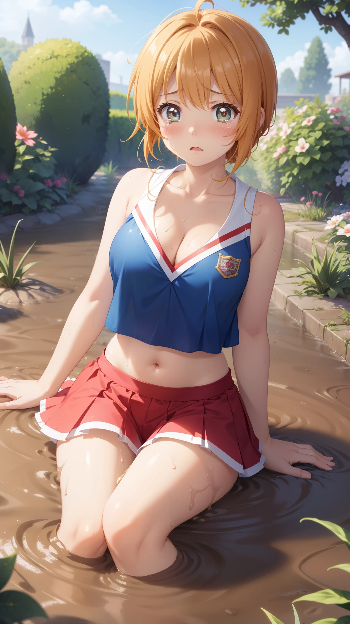 masterpiece, best quality, highres, 1girl, detailed face, blush, anime CG style, (medium breasts), (18 year old girl:1.3), (aged up), good lighting, perfect body, sakura kinomoto, glossy lips, cheerleader, midriff, cleavage, (curvy), garden, (sinking in mud), (upset), tears on cheeks, partially submerged
