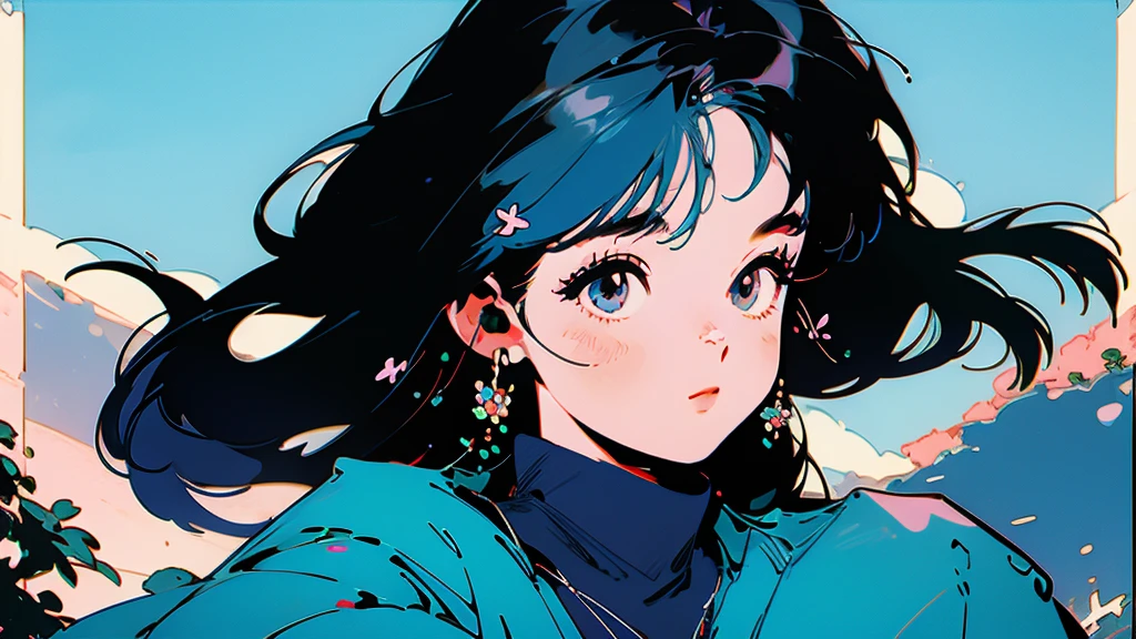 Beautiful flowers are blooming、One cool woman、Looking straight at the camera、The blue sky is spreading