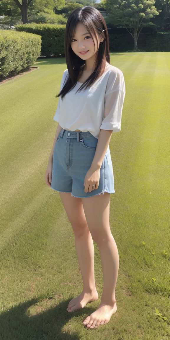 Full body standing upright on grass barefoot、cute、20-year-old、Japanese、Big