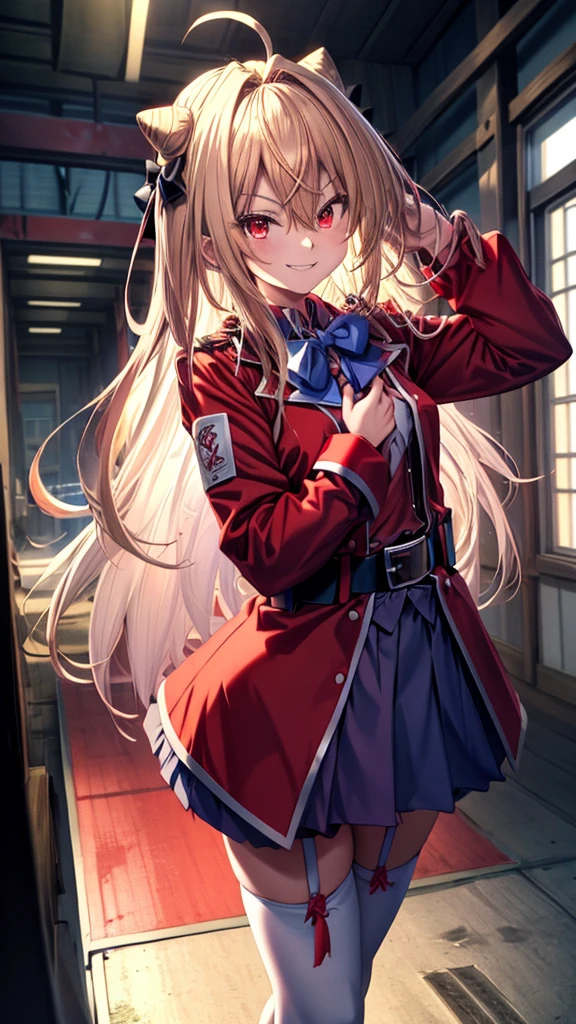 ((Best Quality)), ((Masterpiece)), (detailed), (full body view), {Terakomari Gandesblood}, {1girl, Alone, long hair, blonde hair, cone hair bun, hair ornament, hair intakes, Ahoge, bangs, red eyes, blue bowtie, red jacket, red coat, long sleeves, belt, white skirt, garter straps, white thighhighs}, red katana in hands, (he has a red katana), dominant smile, (dominant smile), en el Free field, (Free field), {correct anatomy}, (remove noise), (16k resolution), (ultra definition), (quality 1.1), (Best Quality anime), (illuminated by god).