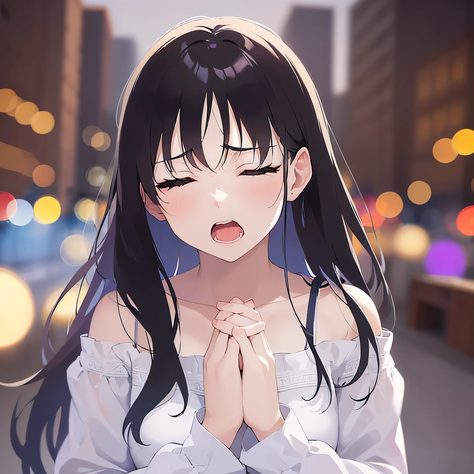 (clasping own hands:1.3), Biologically correct five fingers、Upper Body, Realistic, real person, (pale skin: 1.2), RAW photo, photorealistic, shiny skin, shiny hair、(A 25-year-old woman with straight hair and bangs) and (medium hair) and (black hair) and (closed eyes:1.5) , (white) and (off shoulder blouse)、(angry:1.5), open mouth, Background is a park at night、(night:1.5) Alone、Are standing