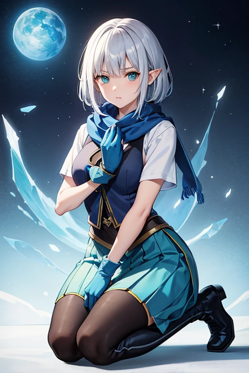 Anime Art、Full body portrait、Fantasy World Assassin、An elven woman, about 165cm tall, around 32 years old, wearing a blue vest, white T-shirt and blue long skirt, kneeling on one knee and holding a knife in her hand、Expressionless、Short medium hairstyle、Silver Hair、Green Eyes、Black tights、boots、gloves、A blue scarf around her neck