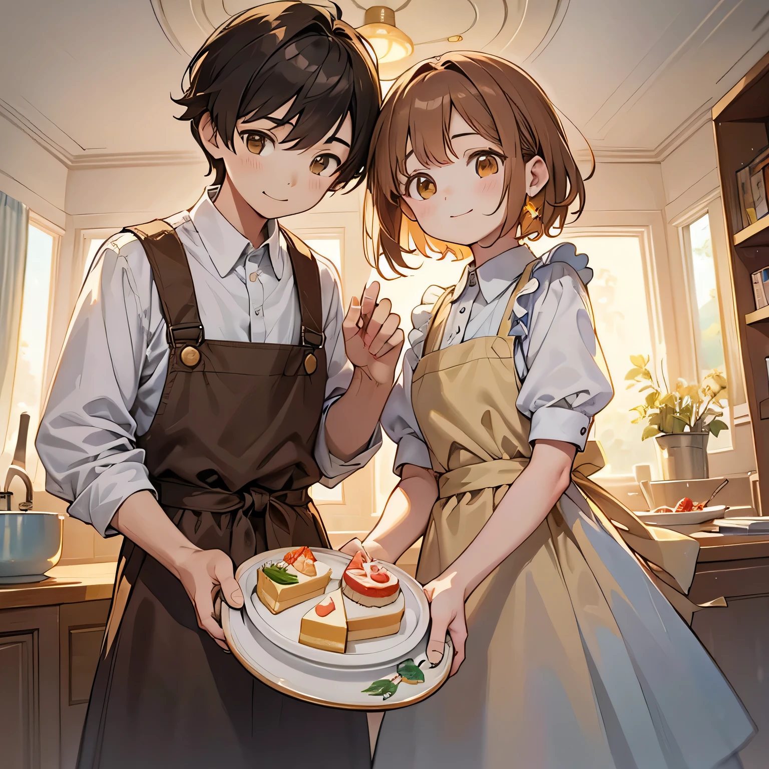 "Whimsical, picture-book style watercolor painting. A twin brother and sister, a boy with short brown hair and golden eyes wearing a white shirt and dark apron, stand next to a girl with bobbed brown hair and golden eyes, also wearing a white shirt and dark apron.
They are smiling peacefully as they hold a shortcake that they have just made together.
The scene is warm and inviting, with pastel colors and playful details such as the star-shaped elements in the background. The overall painting style is soft, lively, and imaginative." Slightly deformed and exaggerated features enhance the playful and picture book feel.