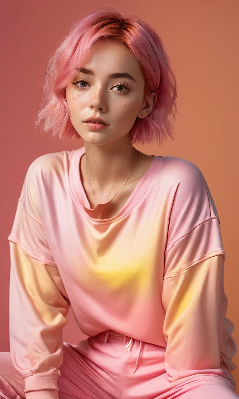 (masterpiece,best quality, ultra realistic,32k,RAW photo,detail skin, 8k uhd, dslr,high quality, film grain:1.1), short hair , pink hair hair:1.1,portrait,lady, brown eyes, DayGlo yellow Pajama pants and oversized t-shirt, freckles, (Rust gradient background,led light, edge light, simple background)