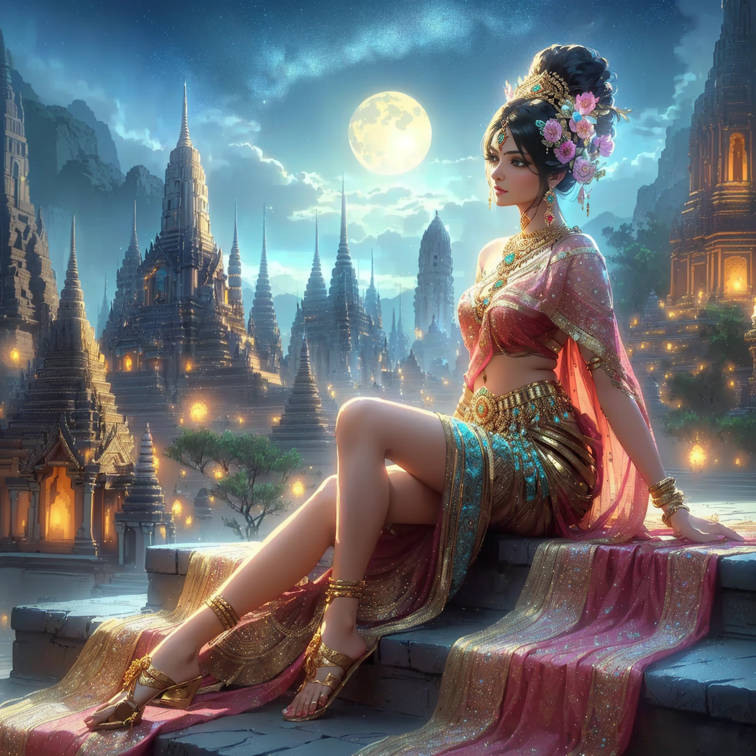 Indian woman, exquisite ancient Indian costume,Gold Jewelry,Masterpiece,Thai ancient castle background, best quality, (Very detailed CG unity 8k wallpaper.), (best quality), (best illustrations), (best shadow), nonsense, realistic light, (abyss), Beautiful glowing details, Artwork by PeterMohrBacher.,