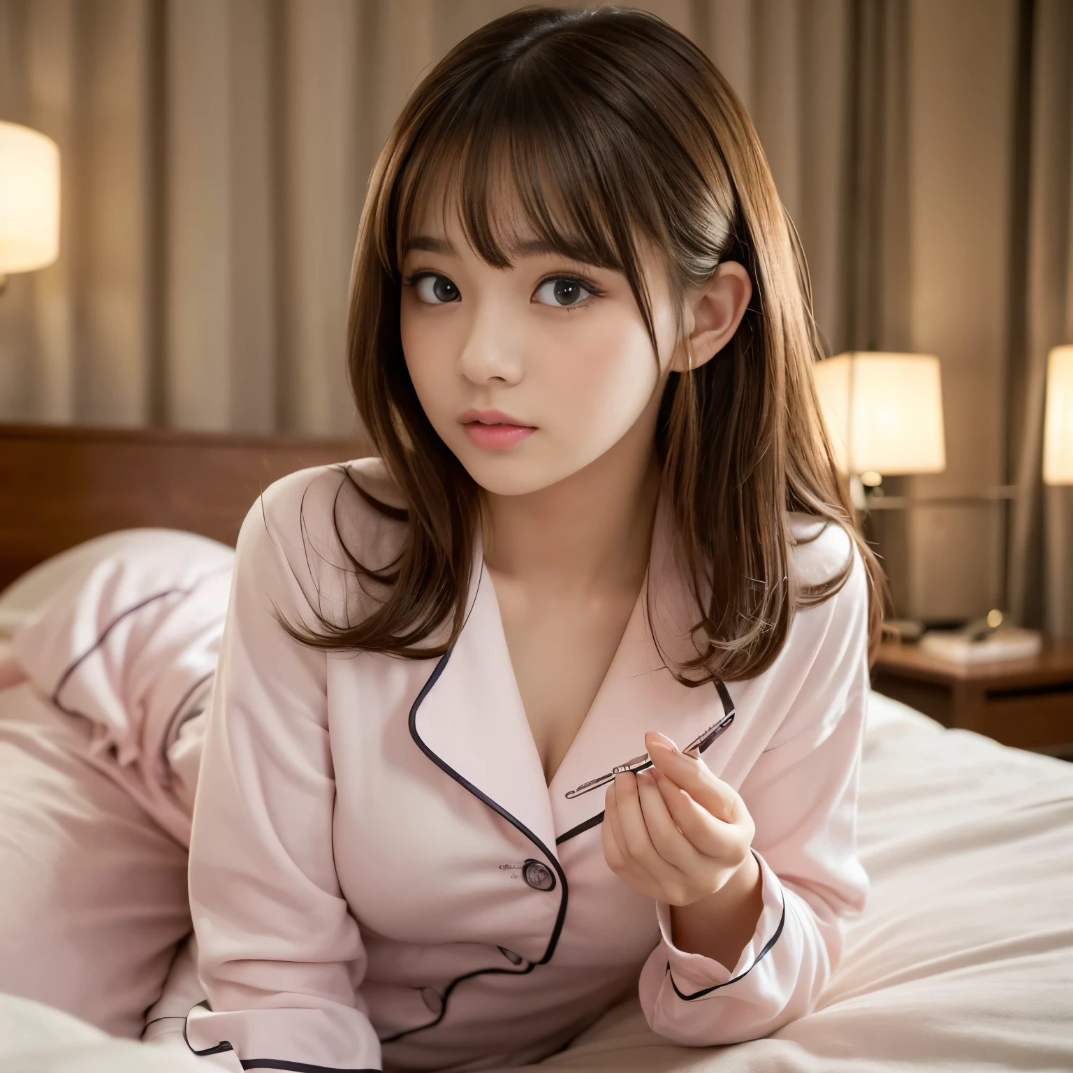 (Best-quality, Masterpiece, Ultra-High-Resolution, (Photorealistic:1.7), Raw Photo, depth of field, professional lighting, perfect anatomy, extremely details), 1girl, 15-years-old, the most famous Japanese idol, (extremely cute face like the most popular Japanese idol, ((extremely cute and extremely big eyes)), extremely beautiful hair, extremely beautiful skins), extremely cute long-eyelashes, extremely cute lips,
in private-room,
wearing pajamas with cute-design, detailed pajamas-with-cute-design,
(have ingested large amounts of sex-drugs), (experiencing abnormal sexual arousal and abnormal sexual pleasure):1.5)