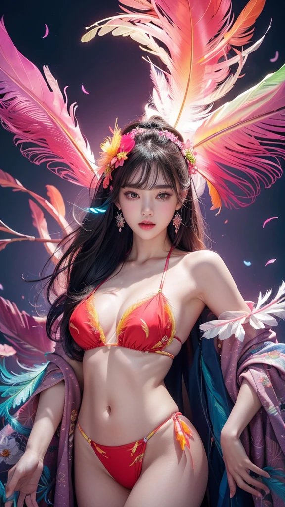 (masterpiece, top quality, best quality, official art, beautiful and aesthetic:1.2), (1 woman:1.3), very detailed,(fractal art:1.1),(fancy:1.1)(flowers:1.3),most detailed,(젠탱글 neon:1.2), (dynamic pose), (추상적 인 배경 neon:1.3), (glowing skin), (various colors:1.4), ,(earring), (feather:1.5) ,red background,phoenix bikini dress,neon,full hd