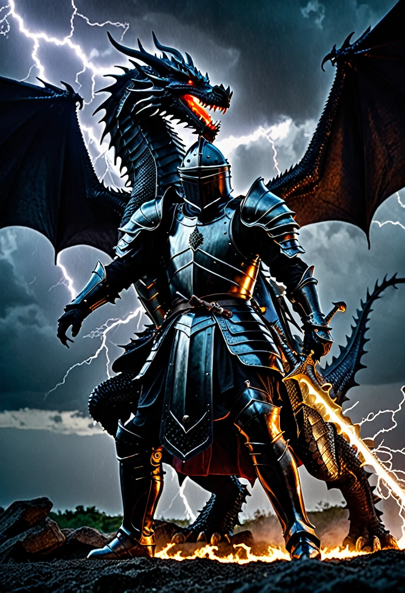 A dark atmospheric photo, amazing quality, masterpiece, best quality, UHD, ultra detailed textures, (dragon:1.4), portrait, hyper-realism, majestic, (gothic black knight shielding himself from the dragon's lightning attack:1.5), cinematic composition, soft lighting, cinematic action scene, be sure to capture the showdown between the gothic knight and the dragon