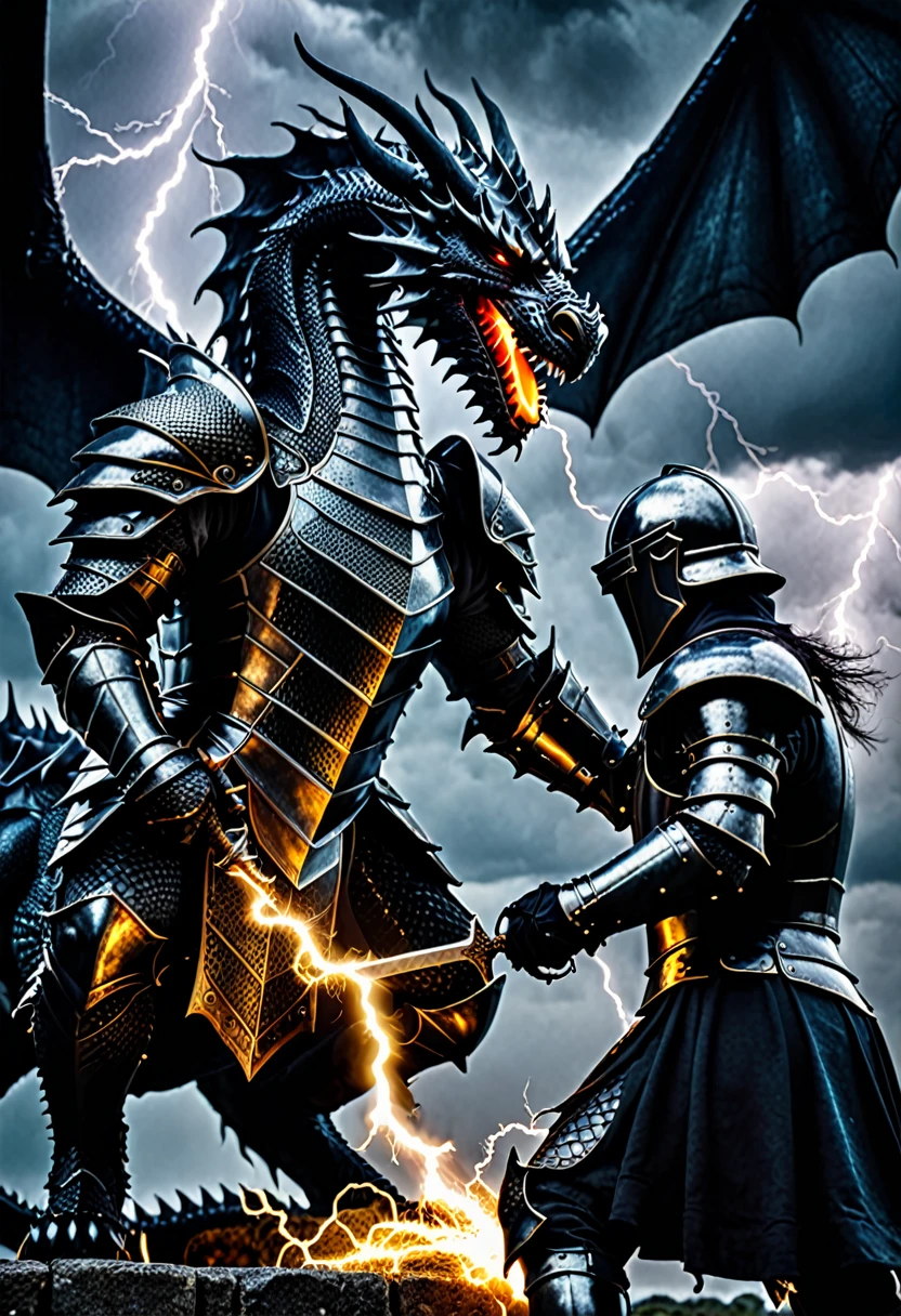 A dark atmospheric photo, amazing quality, masterpiece, best quality, UHD, ultra detailed textures, (dragon:1.4), portrait, hyper-realism, majestic, (gothic black knight shielding himself from the dragon's lightning attack:1.5), cinematic composition, soft lighting, cinematic action scene, be sure to capture the showdown between the gothic knight and the dragon
