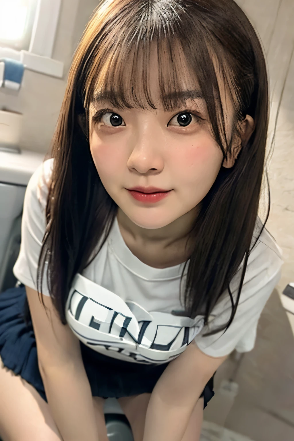 (realistic, photo-realistic:1.4),(highest quality,masterpiece:1.2), RAW photos, 8k, high resolution, intricate details, extremely detailed, cinematic lighting, (portrait, face focus, frontal photography),
solo, 1girl, a beautiful Japanese female idol, (sitting on the toilet, leaning forward:1.5), (caughtpeeing),
medium breasts, (oversized t-shirt, bottomless, bare legs, thighs), pale skin, detailed face, beautiful detailed eyes,
photo background, indoors, toilet room,,,[Haruka Yamashita, Hinatazaka46, she said 'Daiben shitai']