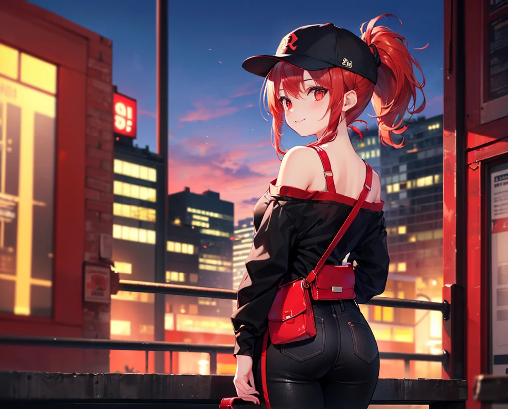 (Close-up:1.3),Realistic,Highest quality, Ultra Detail, High-quality CG rendering, The most delicate and beautiful, Floating softly, High resolution, (1 girl), (Highest quality,4K,8K,masterpiece:1.2),(All red hair:1.5), (ponytail:1.5),(Red eyes:1.5), (Oversized long sleeve black T-shirt:1.3),(Black skinny pants:1.3),(Black baseball cap:1.3),In the city,old buildings,(Turn your back to your audience:1.3),Butt,Are standing,(Small shoulder bag:1.3),smile