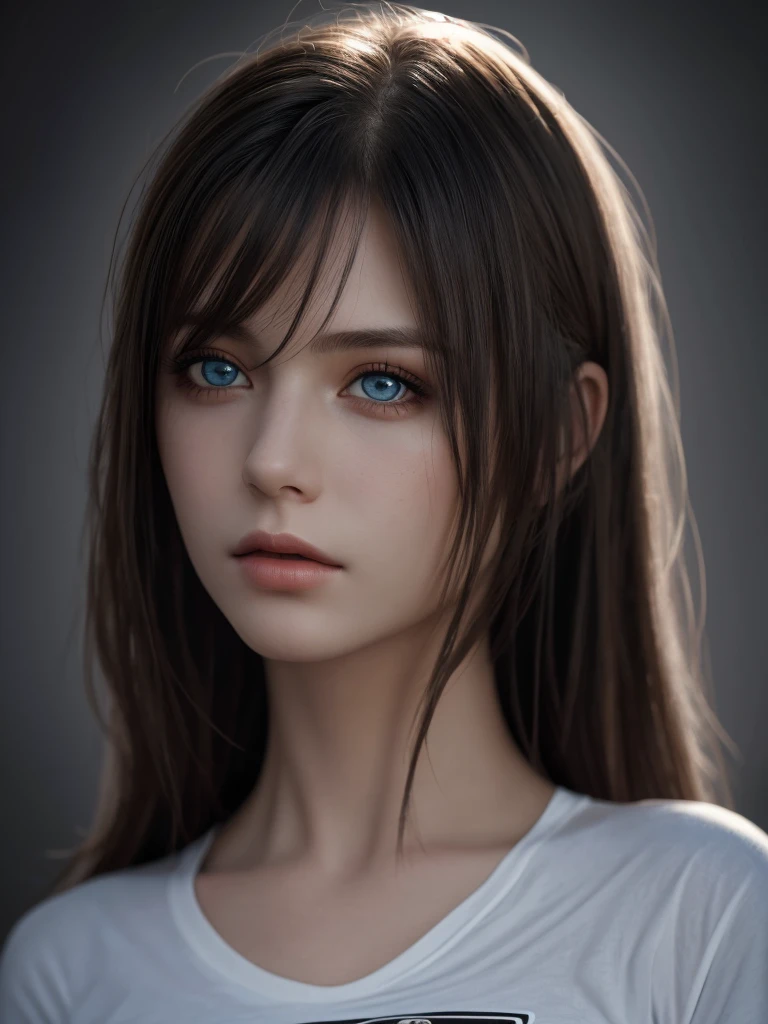 Best quality, masterpiece, ultra high res, (photorealistic:1.37), raw photo, 1girl, long hair, beautifull eyes,  beautifull face, detailed eyes and face, t-shirt, dynamic lighting, in the dark, deep shadow, low key, cowboy shot