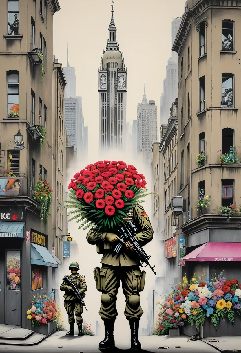 "A soldier holds a bouquet of flowers against the backdrop of a big city, calling for peace. This street art has a pencil-drawn touch and a strong, Banksy-esque message."