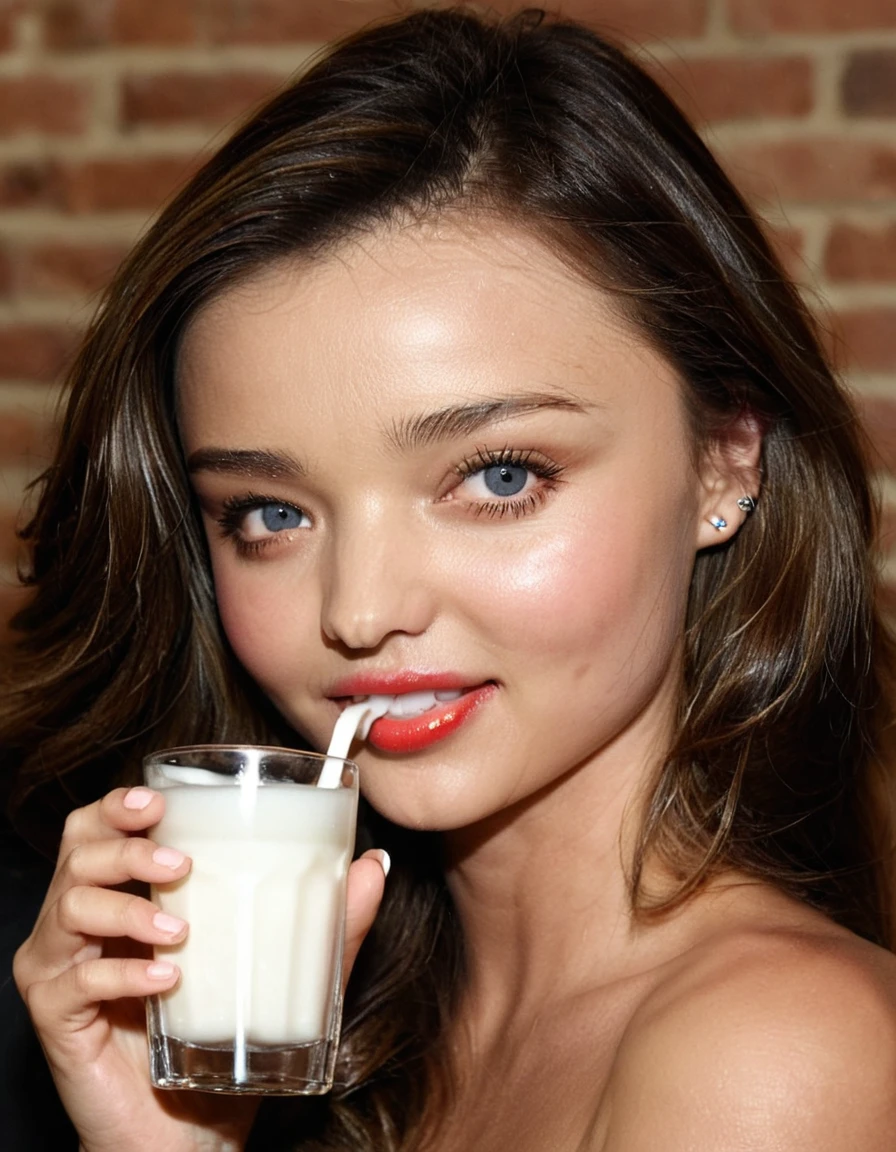 young miranda kerr, face, drinking milk