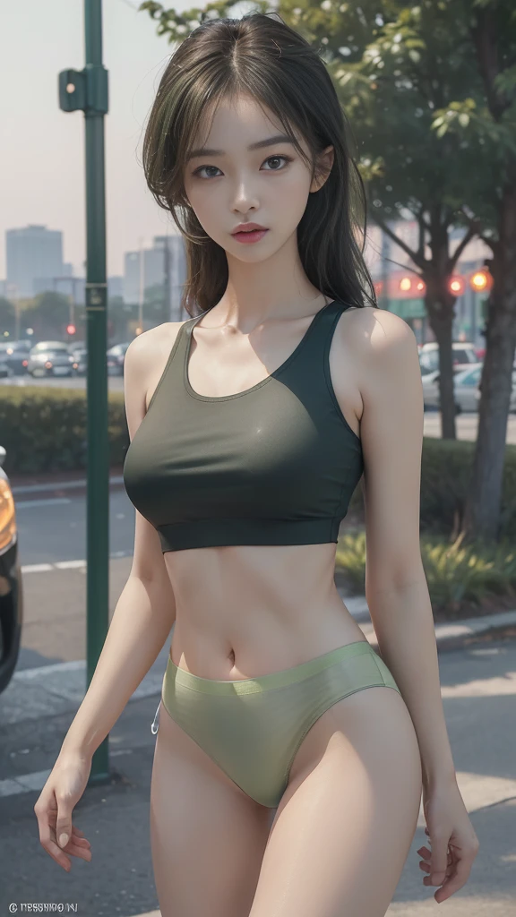 ((Realistic lighting, Best quality, 8K, Masterpiece: 1.3)), Clear focus: 1.2, 1 Korean girl, Perfect Figure: 1.4, Slim Abs: 1.1, See through, tight clothing, ((Korean)), (panties: 1.4), (Green crop top: 1.4), (Outdoor, Night: 1.1), City streets, Super fine face, Fine eyes, Double eyelids,