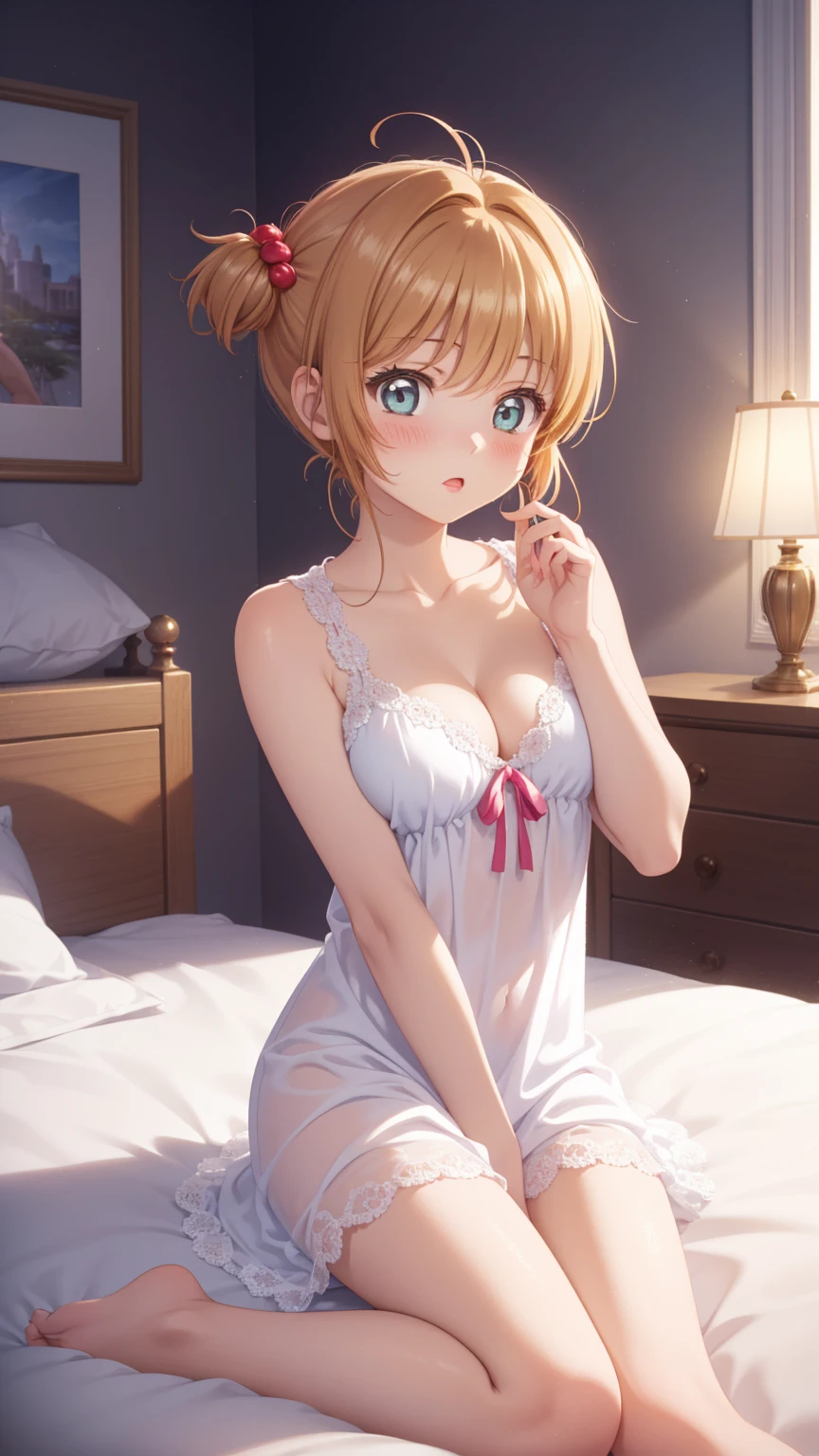 masterpiece, best quality, highres, 1girl, detailed face, blush, anime CG style, (medium breasts), (18 year old girl:1.3), (aged up), good lighting, perfect body, sakura kinomoto, glossy lips, bedroom, sheer nightdress, blush, cleavage