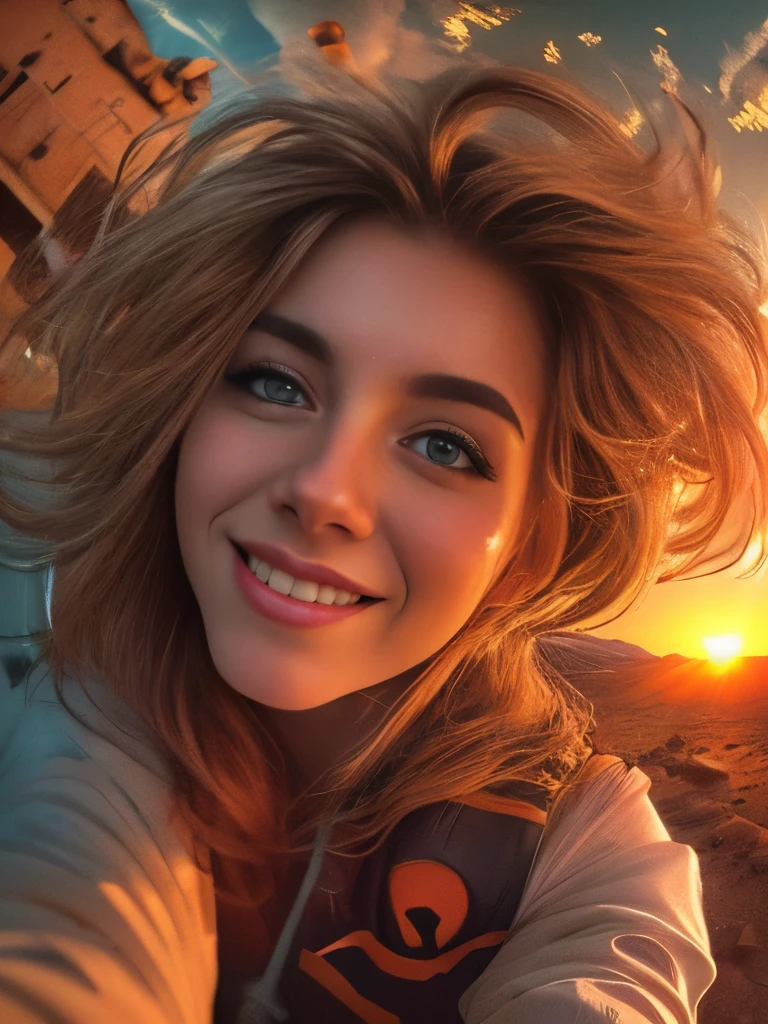 1 ultra hot gorgeous European woman, age 23, fisheye selfie, 5 mm lens, wind, messy hair, sunset, planet mars landscape, (aesthetics and atmosphere:1.2), smiling, detailed eyes, detailed lips, extremely detailed face, long eyelashes, intricate details, cinematic lighting, vivid colors, hyper realistic, 8K, best quality, masterpiece