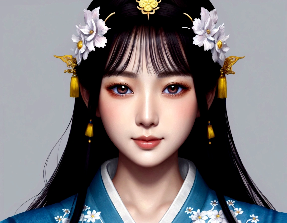 beautiful detailed eyes, beautiful detailed lips, extremely detailed eyes and face, long eyelashes, 1 girl, blue kimono, white background, palace, hanfu, artwork in the style of Gueweiz, beautiful artwork illustration, intricate digital illustration, beautiful digital art, japanese goddess, beautiful fantasy queen, japanese fantasy, beautiful fantasy art portrait, Gueweiz, beautiful digital illustration, graceful japanese woman, chinese fantasy, from front, smile, bust-up,(twinkle smile),heterochromia,
