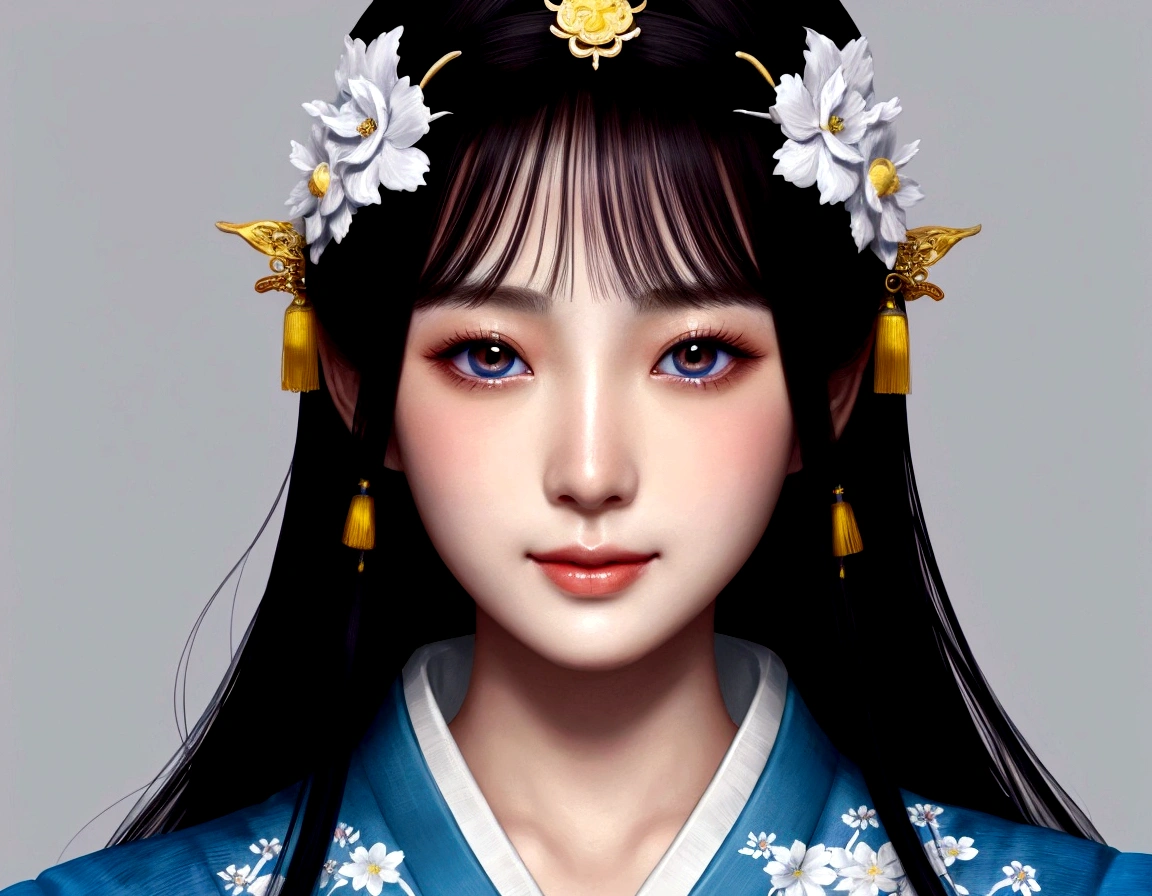 beautiful detailed eyes, beautiful detailed lips, extremely detailed eyes and face, long eyelashes, 1 girl, blue kimono, white background, palace, hanfu, artwork in the style of Gueweiz, beautiful artwork illustration, intricate digital illustration, beautiful digital art, japanese goddess, beautiful fantasy queen, japanese fantasy, beautiful fantasy art portrait, Gueweiz, beautiful digital illustration, graceful japanese woman, chinese fantasy, from front, smile, bust-up,(twinkle smile),heterochromia,
