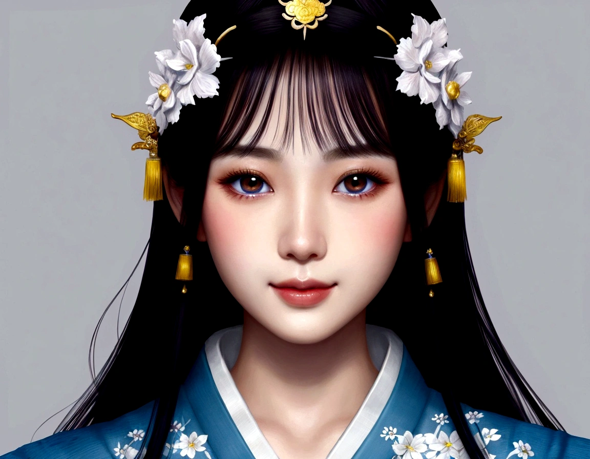 beautiful detailed eyes, beautiful detailed lips, extremely detailed eyes and face, long eyelashes, 1 girl, blue kimono, white background, palace, hanfu, artwork in the style of Gueweiz, beautiful artwork illustration, intricate digital illustration, beautiful digital art, japanese goddess, beautiful fantasy queen, japanese fantasy, beautiful fantasy art portrait, Gueweiz, beautiful digital illustration, graceful japanese woman, chinese fantasy, from front, smile, bust-up,(twinkle smile),heterochromia,