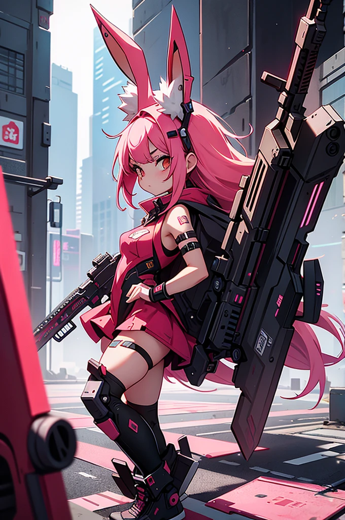 bunny girl, her hair is pink and long, her style is cyberpunk with weapons around the body, red and dark clotches