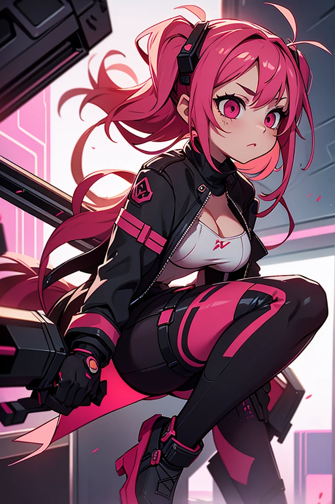 bunny girl, her hair is pink and long, her style is cyberpunk with weapons around the body, red and dark clotches 