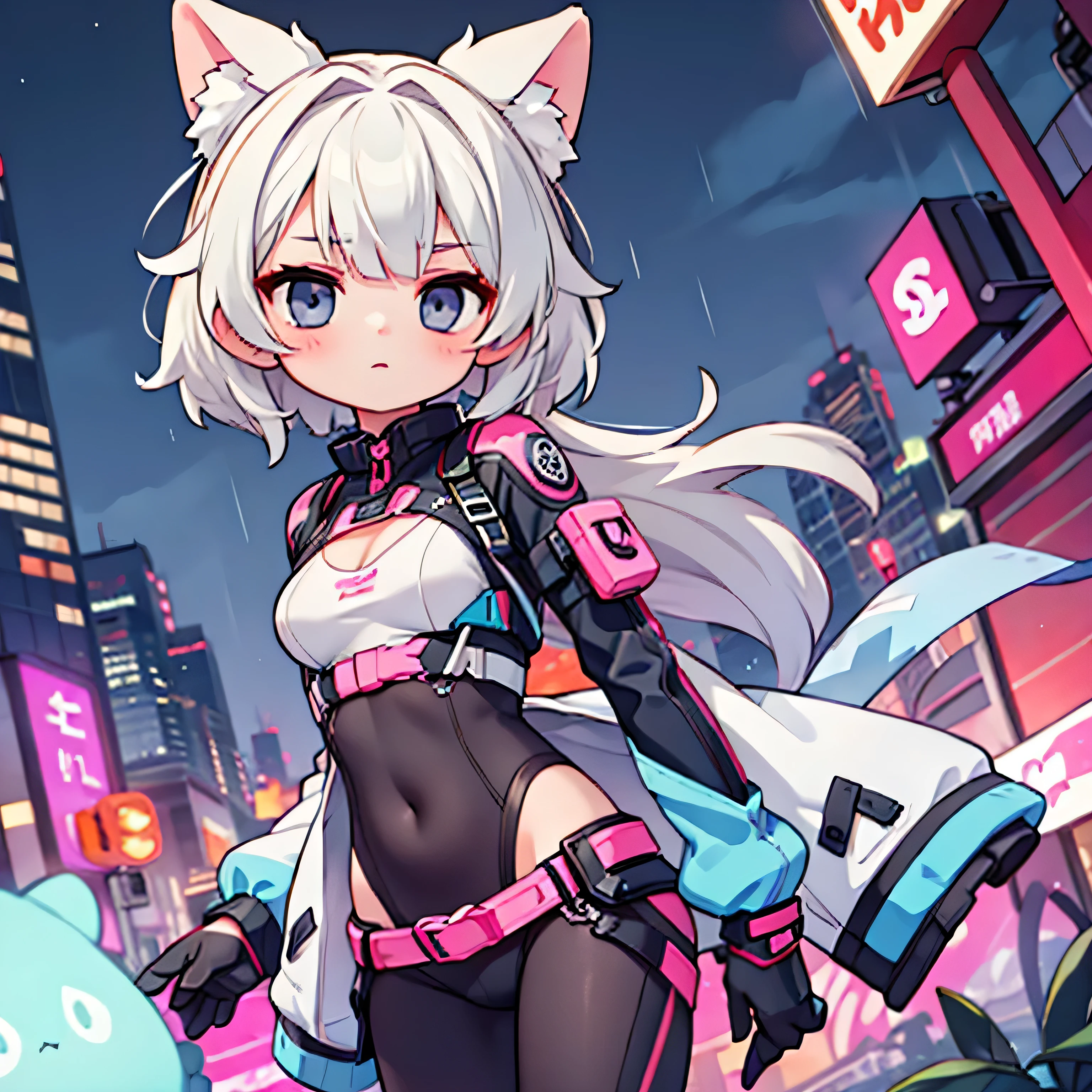 Highest quality, masterpiece, Ultra-high resolution,City of night,Standing woman,Neon Town, Have a smartphone,cyber punk vibe, cyber punk art style, cyber punk vibes, digital cyber punk - anime art, cyber punk themed art, cyber punk anime art, digital cyber punk anime art, in cyber punk style, cyber punk artstyle, has cyber punk style, anime cyber punk art, in cyber punk city, cyber punk art, cyber punk))), cyber punk style, style of cyber punk ,Red eyes, Cleavage, ,Seraphim, skirt,, Multicolored Hair, Grey Hair, Striped Hair, hair ornaments, smile, Black Hair, Clothing cutouts,Black jacket, Earrings, Braiding, tooth,Long Hair,Octance 4K, Attention to detail