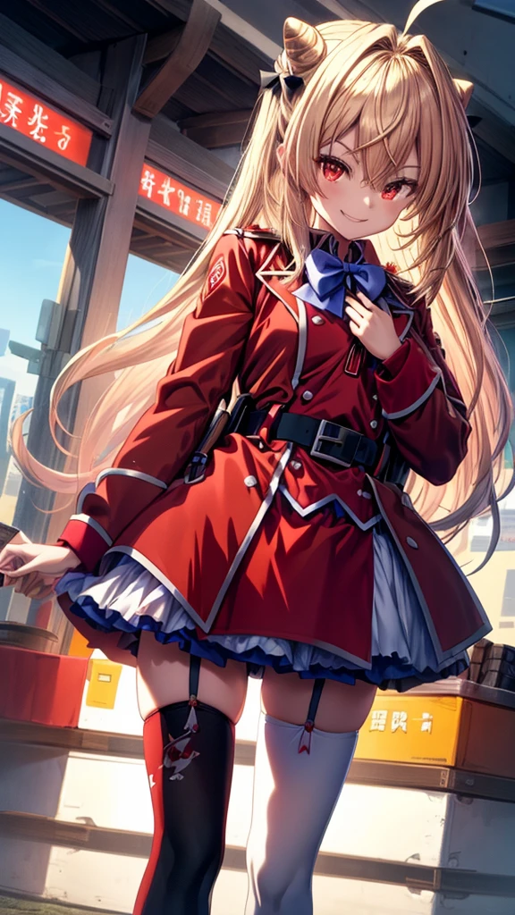 ((Best Quality)), ((Masterpiece)), (detailed), (full body view), {Terakomari Gandesblood}, {1girl, Alone, long hair, blonde hair, cone hair bun, hair ornament, hair intakes, Ahoge, bangs, red eyes, blue bowtie, red jacket, red coat, long sleeves, belt, white skirt, garter straps, white thighhighs}, stacks a red katana, (He brandishes a red katana), dominant smile, (dominant smile), en el Free field, (Free field), {correct anatomy}, (remove noise), (16k resolution), (ultra definition), (quality 1.1), (Best Quality anime), (illuminated by god).