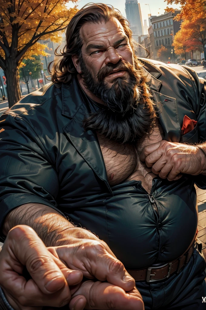 Old Bud Spencer, portrait, muscular old man in park, happy, autumn, suits, vector, big huge chest, big nipples, mwvector, fat, Estatura: 1,94 m