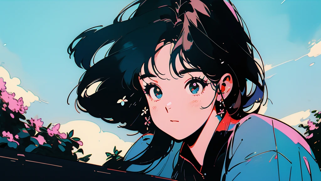 Beautiful flowers are blooming、One cool woman、Looking straight at the camera、The blue sky is spreading
