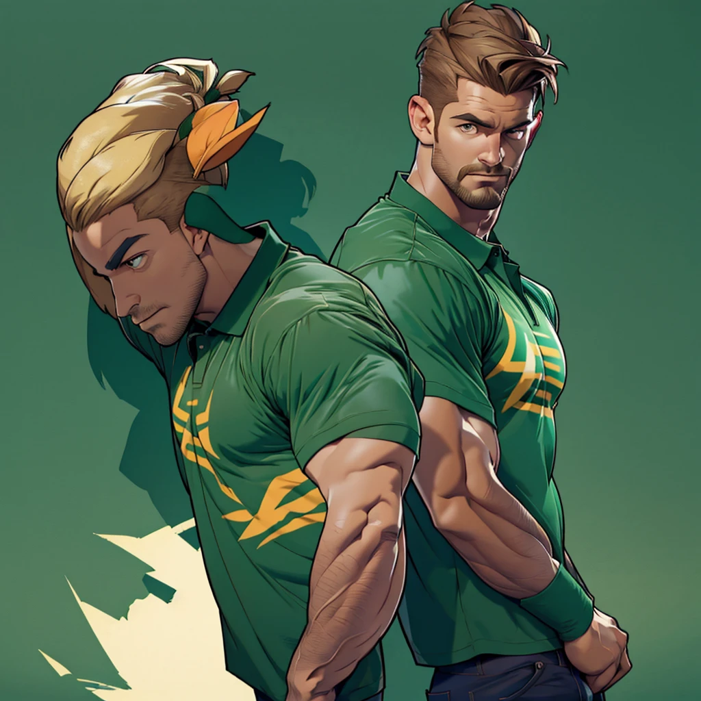 masterpiece,top-quality,((character sheets,Same character,Lateral, face, back , side,soles)),environment change scene,Pose too,Hairstyle army,Posing ,(simple background、white backgrounid:1.3),illustration,1 male human,Stephen AMELL as arrow,daddy hunk , handsome,thin man yet muscular Man,six pack stomack,hunk Face ,Stubble,Lots of body hair,dark blond hair,,Hair is thick,dark green polo shirt,dark green boxer, nice bulge,multi view,