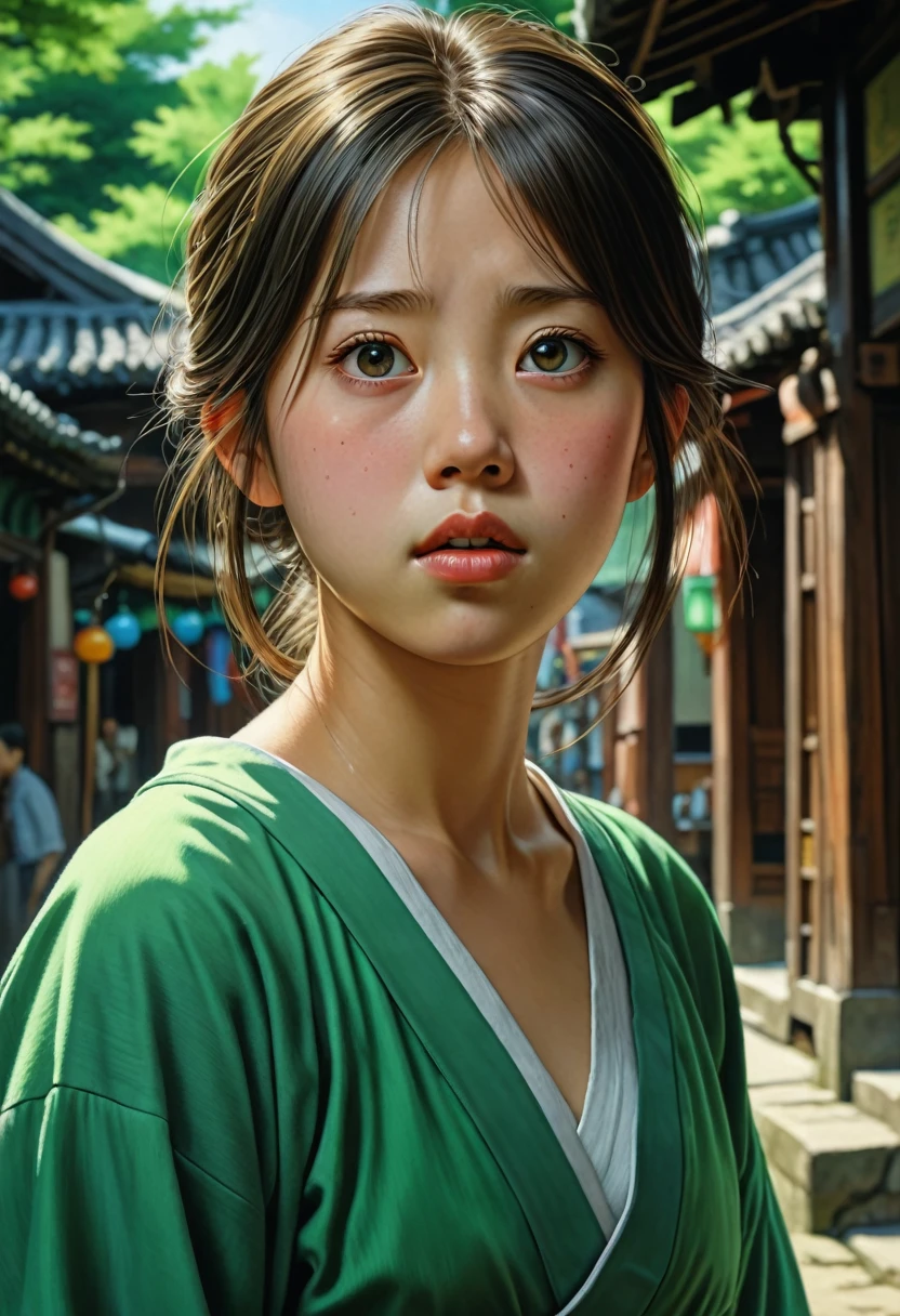 Spirited Away,Strong gaze,tension,Perfect composition,masterpiece,Highest quality,Outdoor,green,Natural light,Fresh,Vivid contrast,Bright colors,Hyperrealism art movie film stills with detailed hyperrealism photography style,