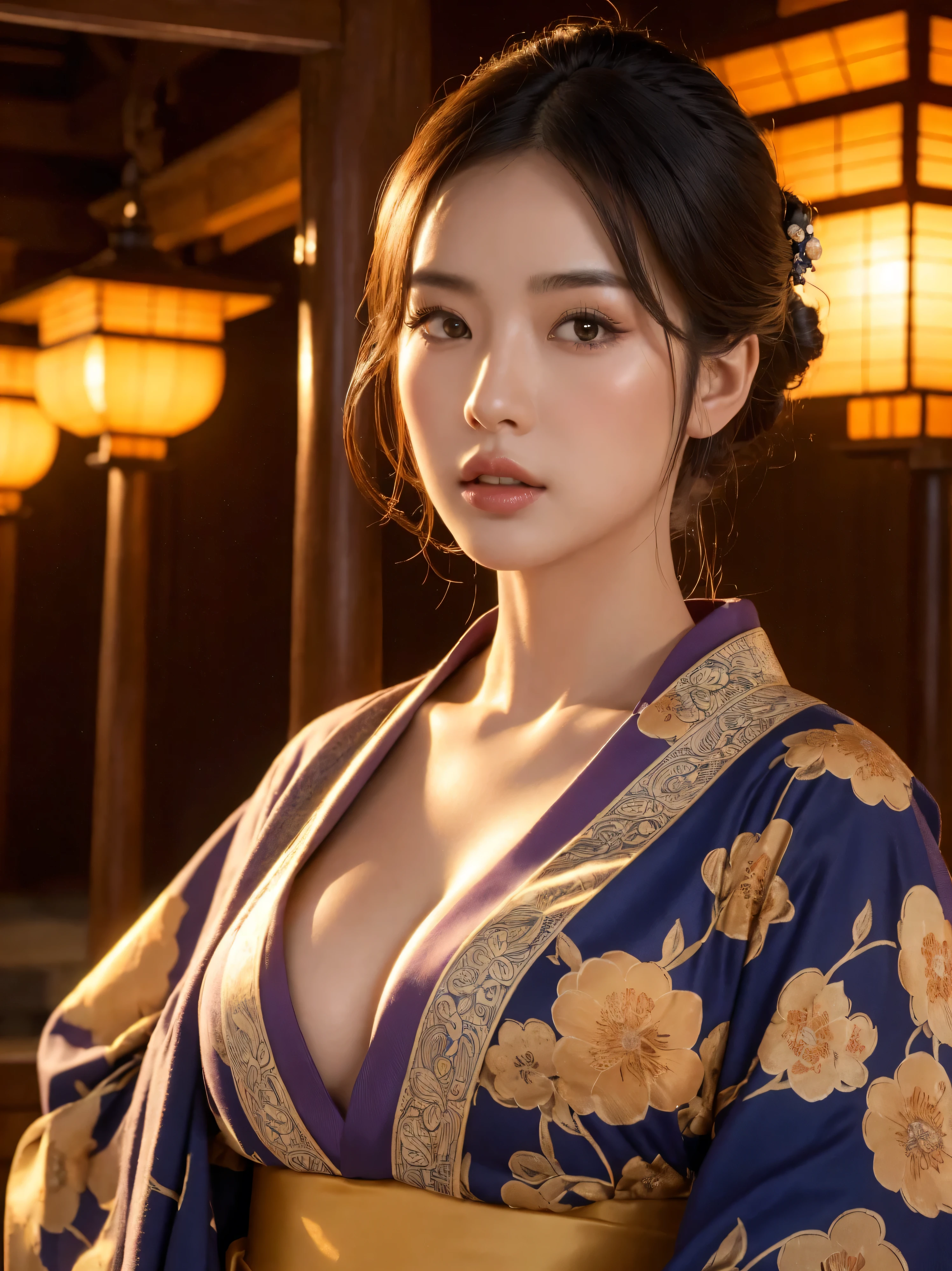 big breasted japanese woman in elaborate kimono, ornate shrine, cinematic atmosphere, (best quality,4k,8k,highres,masterpiece:1.2),ultra-detailed,(realistic,photorealistic,photo-realistic:1.37),(looking at viewer),highly detailed face,beautiful detailed eyes,beautiful detailed lips,extremely detailed eyes and face,long eyelashes,intricate kimono design,ornate shrine background,warm lighting,dramatic shadows,vibrant colors,photorealistic
