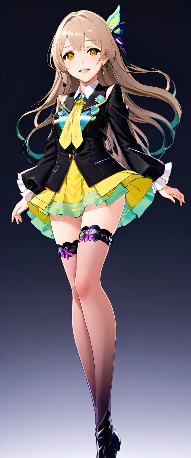 firefly \(honkai: star rail\), black thighhighs, hairband, gradient skirt, hair ornament, blouse, frilled collar, frilled boots, cropped jacket, yellow neckerchief,Mature content,masterpiece, best quality, 1girl, hairband, jewelry, bare shoulders, looking at viewer, blush, gloves, smile, collarbone, elbow gloves, necklace, long hair, earrings, solo focus, thighs, thighhighs ,sexy pose,brainwashed,sexual,sexy,crazy smile,corruption,hypnosis,Illustration,wet,liquid,(Satou Kuuki),huge clear eyes, clear and clean background