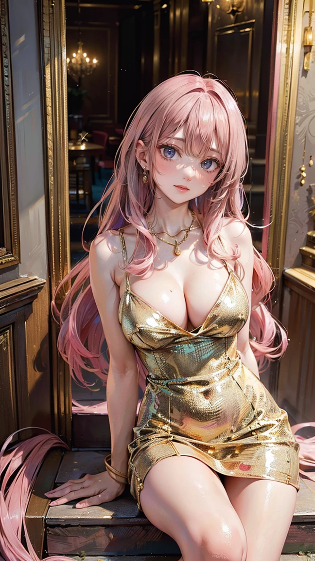 (Masterpiece, BestQuality:1.3), (ultra detailed:1.2), (hyperrealistic:1.3), (RAW photo:1.2), High detail RAW color photo, professional photograph, (Photorealistic:1.4), (realistic:1.4), (Pink Hair:1.5), professional lighting, perfect anatomy, (Big Breasts:1.2), (blush, detailed face), (A happy smile:1.7), Trending Hair&Trending Hairカラーをランダムに, earrings, necklace, bracelet, sexly, erotic sexly, Random sexy gravure poses, (Sexy beauty in a gold dress、Entrance of a luxury hotel、Elegant look、Long Straight Hair、Sitting on the stairs pose。:1.3)