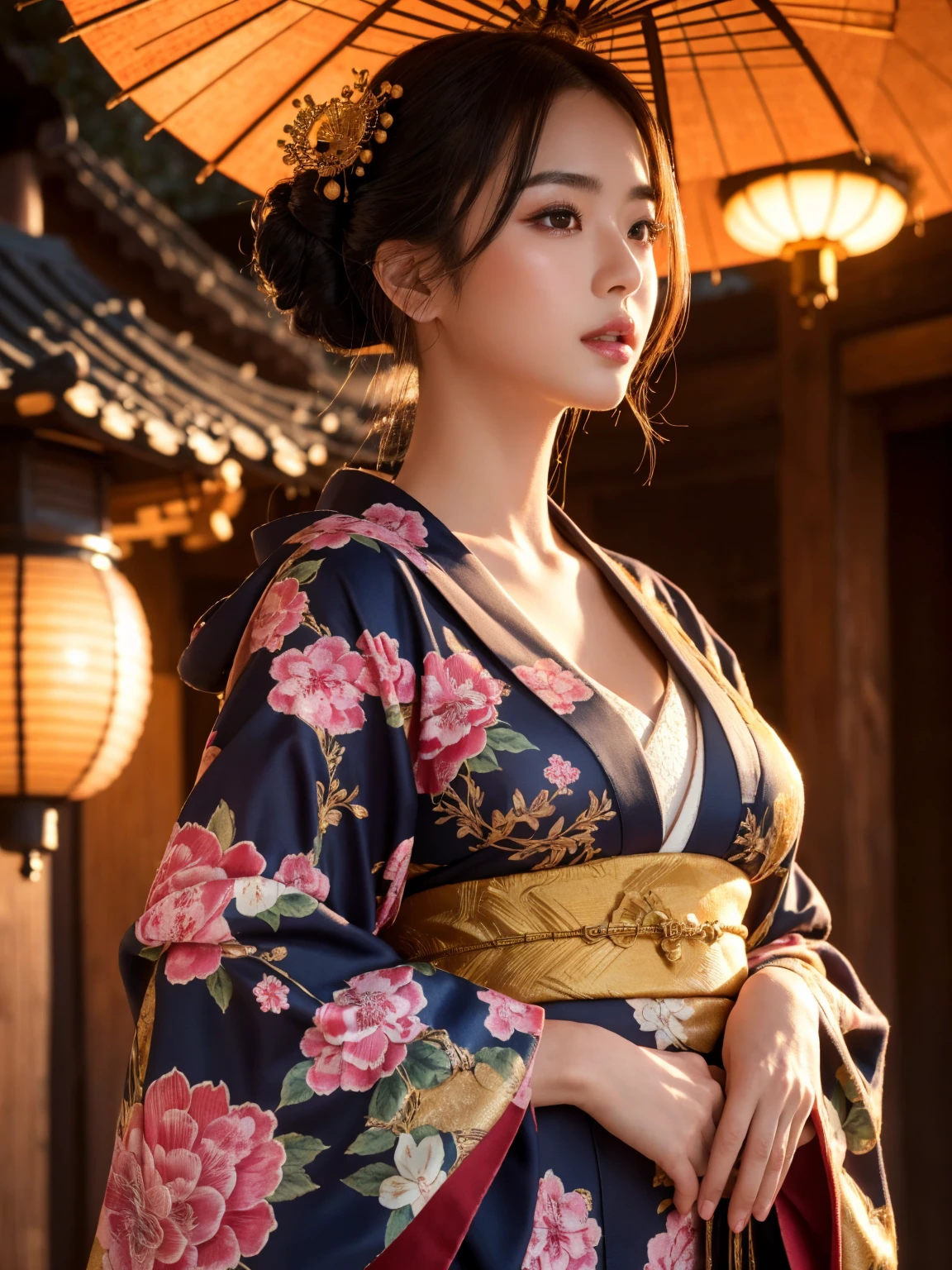 big breasted japanese woman in elaborate kimono, ornate shrine, cinematic atmosphere, (best quality,4k,8k,highres,masterpiece:1.2),ultra-detailed,(realistic,photorealistic,photo-realistic:1.37),(looking at viewer),highly detailed face,beautiful detailed eyes,beautiful detailed lips,extremely detailed eyes and face,long eyelashes,intricate kimono design,ornate shrine background,warm lighting,dramatic shadows,vibrant colors,photorealistic