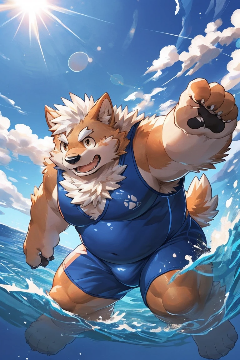 human nature, Wildlife, male,18 years old， solitary, ((Round Face, The face is plump,Orange eyes,Thick white hair，)), ((Endomorph, Handsome，enthusiasm)), （swimsuit，Clothes), ((domestic 犬, Dog Orc，) Fluffy fur, Fluffy), Bokeh, (high quality, high resolution, masterpiece), (Dynamic Lighting, Vibrant colors，Natural fill light), (Revitalize，Disdain，aggressive), Full body picture (close up), cartoon, author：Takemoto Arashi, From zixiong, By Chunni, author：Empty Ghost，（background：Sea，deep sea exploration，Tropical Fish）'