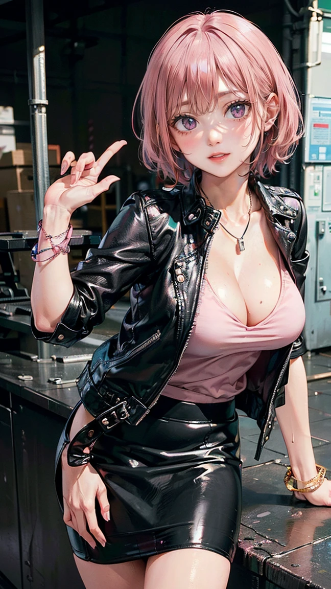 (Masterpiece, BestQuality:1.3), (ultra detailed:1.2), (hyperrealistic:1.3), (RAW photo:1.2), High detail RAW color photo, professional photograph, (Photorealistic:1.4), (realistic:1.4), (Pink Hair:1.5), professional lighting, perfect anatomy, (Big Breasts:1.2), (blush, detailed face), (A happy smile:1.7), Trending Hair&Trending Hairカラーをランダムに, earrings, necklace, bracelet, sexly, erotic sexly, Random sexy gravure poses, (Sexy woman in a black leather jacket and tight skirt、Factory Background、Cool gaze、short hair、Leaning on the machine。:1.3)