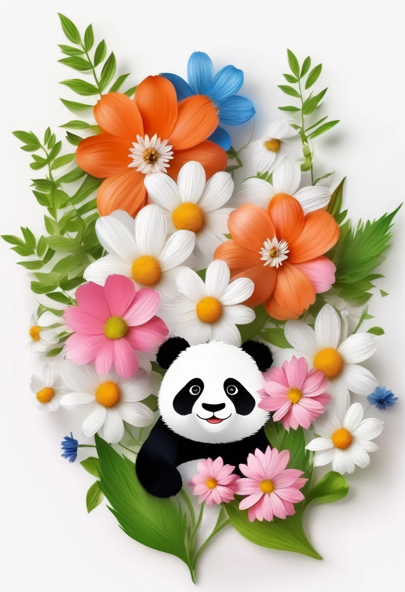 YJ,flower,white flower,pink flower,leaf,White Background,Simple Background,Daisy,blue flower,Realistic,orange flower,Panda Illustration,