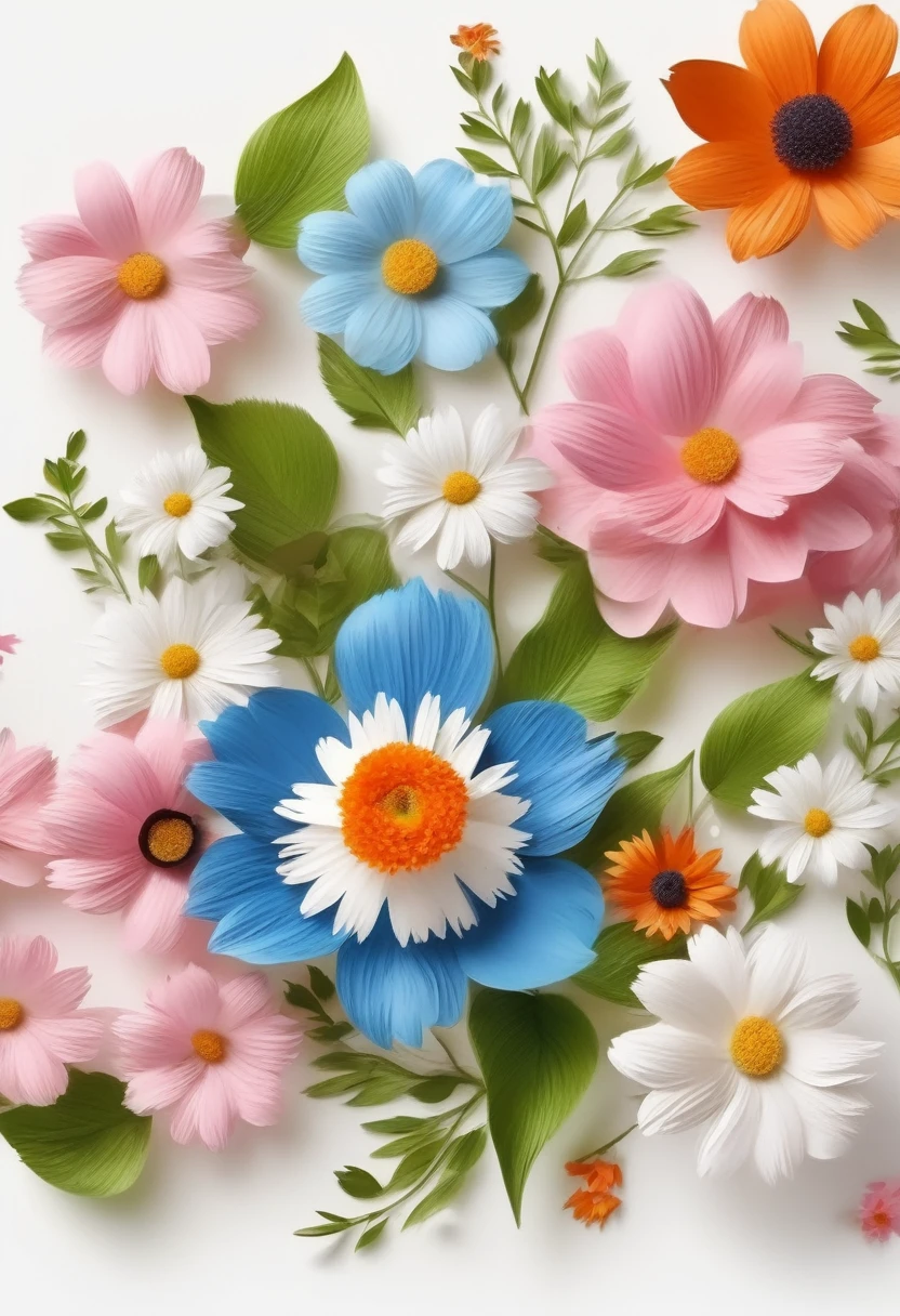 YJ,flower,white flower,pink flower,leaf,White Background,Simple Background,Daisy,blue flower,Realistic,orange flower,Panda Illustration,