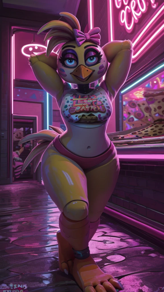 [glamrockchica], [FNAF:_Security_Breach], [Uploaded to e621.net; (Foxovh), (Pixelsketcher), (mayosplash], ((masterpiece)), ((HD)), ((high res)), ((solo portrait)), ((full body)), ((front view)), ((furry; anthro chicken girl)), ((detailed feathers)), ((detailed shading)), ((beautiful render art)), {anthro chicken; yellow feathers, (yellow feather tail), (orange talon feet), (orange beak), (cute blue eyes), (tied-up hair with pink bow), (small , (curvy hips), (beautiful legs), (beautiful feet), (excited smile), (mouth open)}, {(white bib), ("Let's Party" printed on bib), (cleavage), (navel), (pink panties), (spiky choker)}, {(walking), (hands behind head), (looking at viewer)}, [background; (pizza parlor), (pizza party), (bright neon lights), (ambient lighting)]