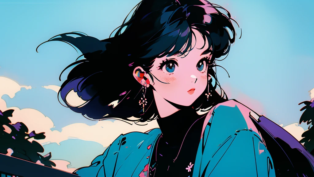 Beautiful flowers are blooming、One cool woman、Looking straight at the camera、The blue sky is spreading