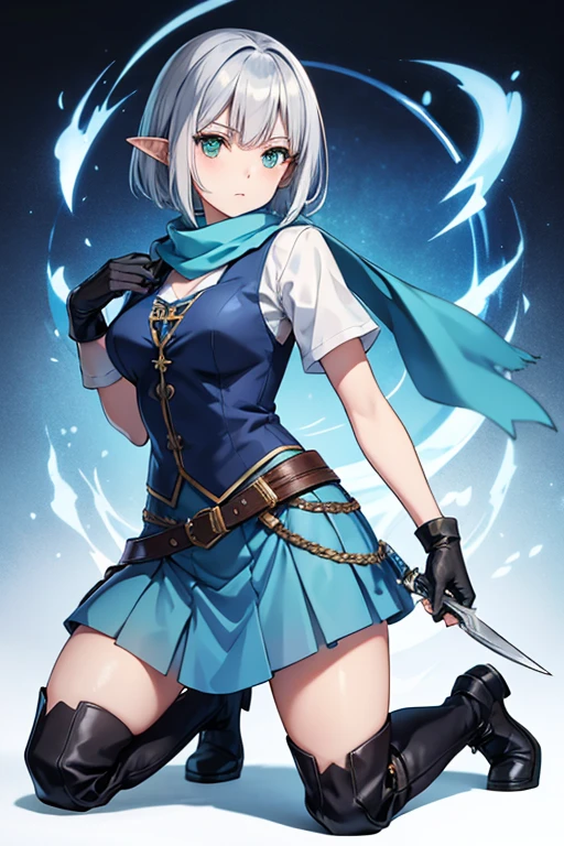 Anime Art、Full body portrait、Fantasy World Assassin、An elven woman, about 165cm tall, around 32 years old, wearing a blue vest, white T-shirt and blue long skirt, kneeling on one knee and holding a knife in her hand、Expressionless、Short medium hairstyle、Silver Hair、Green Eyes、Black tights、boots、gloves、A blue scarf around her neck