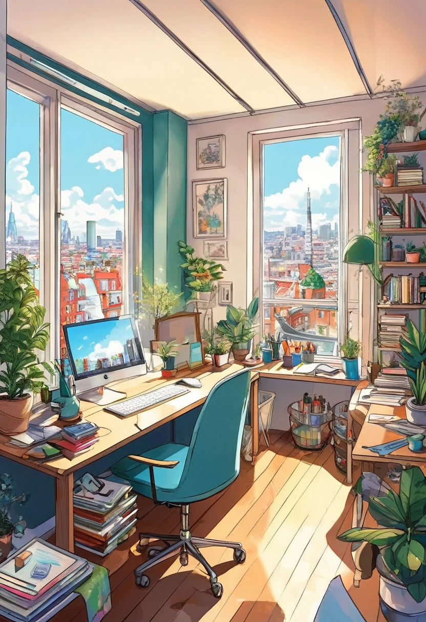 Illustration of a room overlooking the city, A room of lively artists working hard, Details of the fine, comfortable, Clean and tidy room