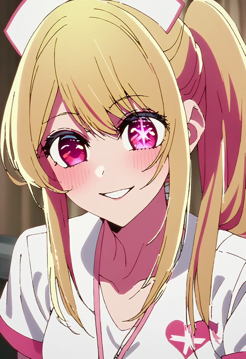 Blonde、nurse、injection、Highest quality、Star-shaped pupil、The best smile、long hair、Pink Eyes、ponytail