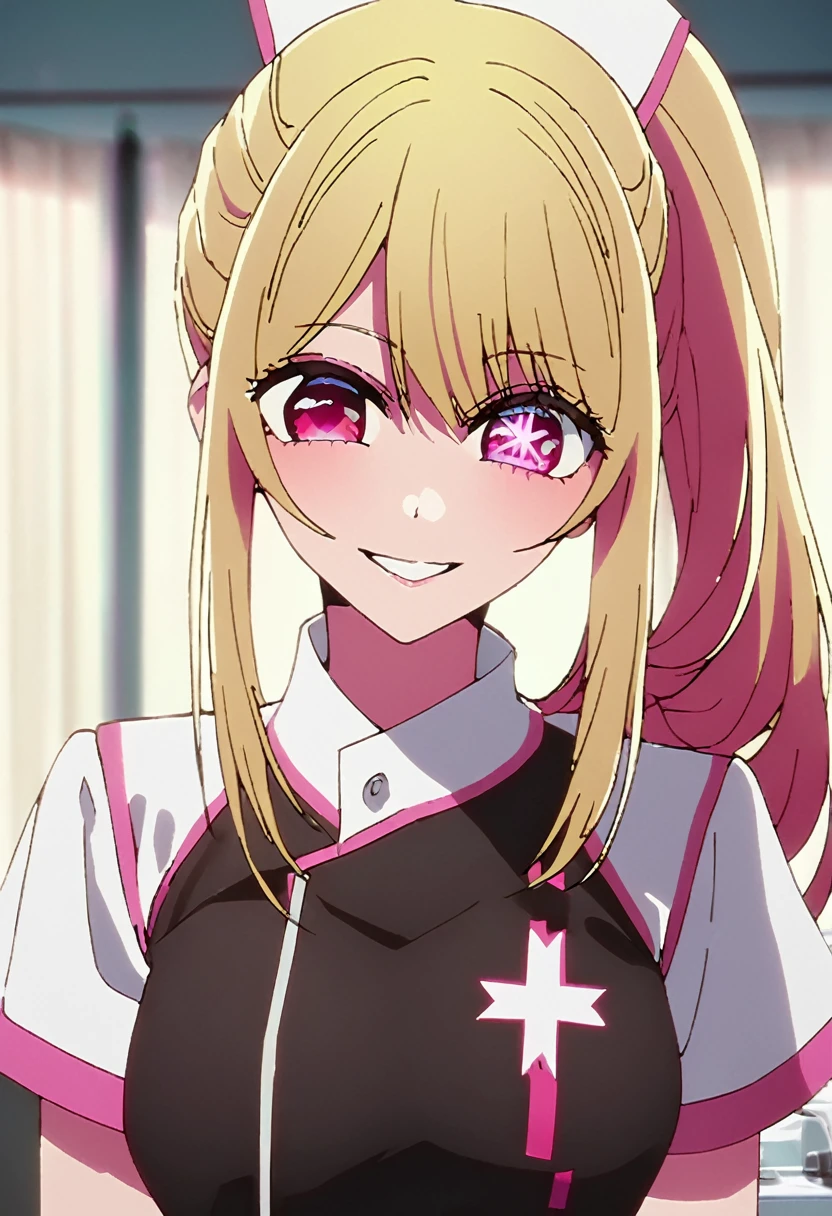 Blonde、nurse、injection、Highest quality、Star-shaped pupil、The best smile、long hair、Pink Eyes、ponytail